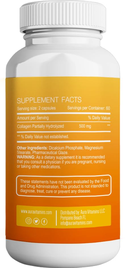 Aura Vitamin Hydrolyzed Collagen with Vitamin C Capsules 500mg Great Energy | Skin, Hair and Nail Support | Hyaluronic Acid Pills - 60ct (1)