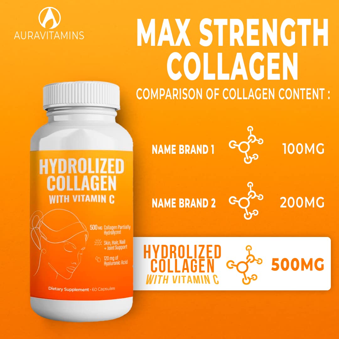 Aura Vitamin Hydrolyzed Collagen with Vitamin C Capsules 500mg Great Energy | Skin, Hair and Nail Support | Hyaluronic Acid Pills - 60ct (1)