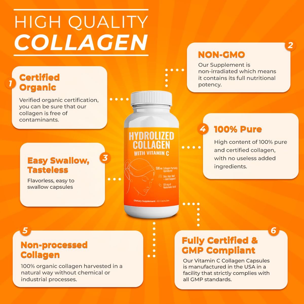 Aura Vitamin Hydrolyzed Collagen with Vitamin C Capsules 500mg Great Energy | Skin, Hair and Nail Support | Hyaluronic Acid Pills - 60ct (1)