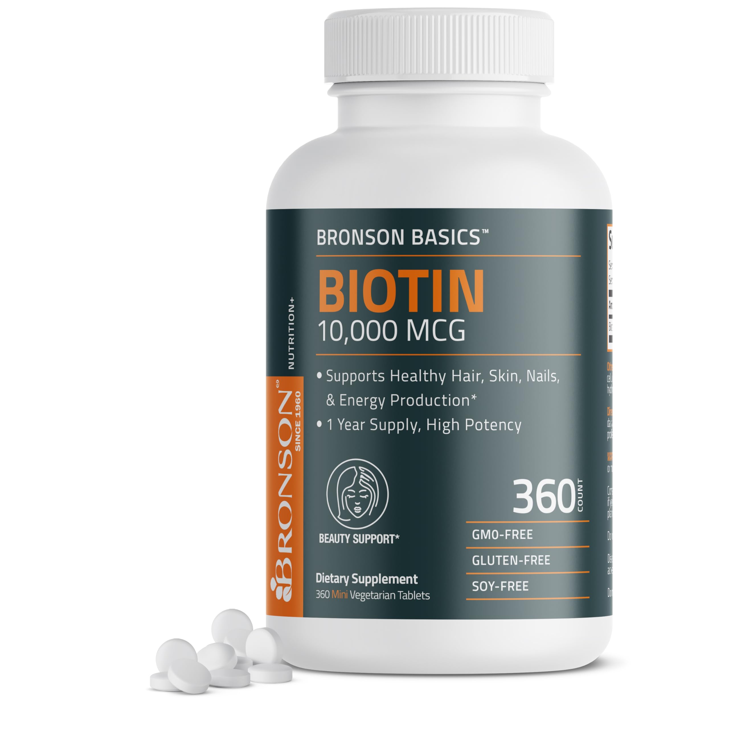 Bronson Biotin 10,000 MCG Supports Healthy Hair, Skin & Nails & Energy Production - High Potency Beauty Support - Non-GMO, 360 Vegetarian Tablets