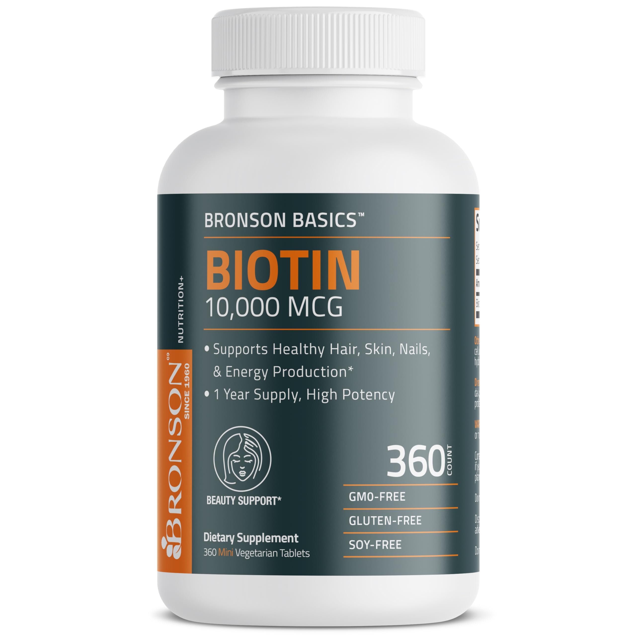 Bronson Biotin 10,000 MCG Supports Healthy Hair, Skin & Nails & Energy Production - High Potency Beauty Support - Non-GMO, 360 Vegetarian Tablets