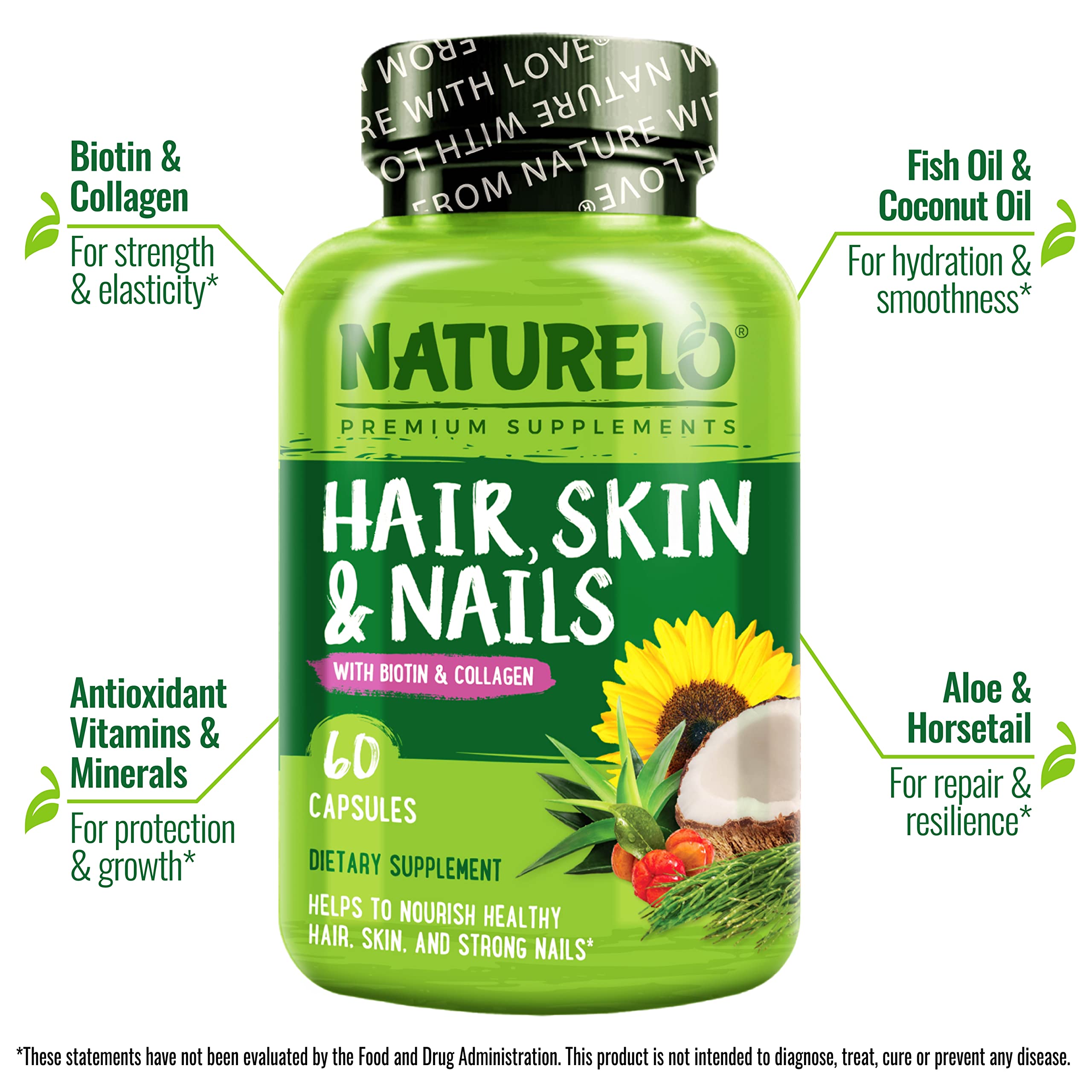 NATURELO Hair, Skin and Nails Vitamins - 5000 mcg Biotin, Collagen, Natural Vitamin E - Supplement for Healthy Skin, Hair Growth for Women and Men – 60 Capsules