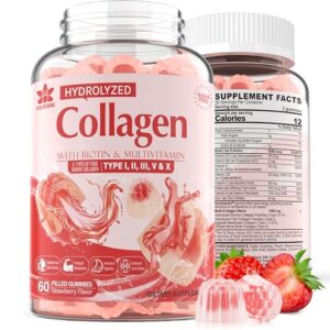 Sugar-Free Hydrolyzed Collagen Peptide Filled Gummies,Extra Strength 1500mg Protein Type I,II,III,V,X with 5000mcg Biotin Vitamin C A E D3 B6 B12 for Immune Digestion Skin Hair Nails Energy Bone Joint