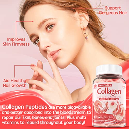 Sugar-Free Hydrolyzed Collagen Peptide Filled Gummies,Extra Strength 1500mg Protein Type I,II,III,V,X with 5000mcg Biotin Vitamin C A E D3 B6 B12 for Immune Digestion Skin Hair Nails Energy Bone Joint