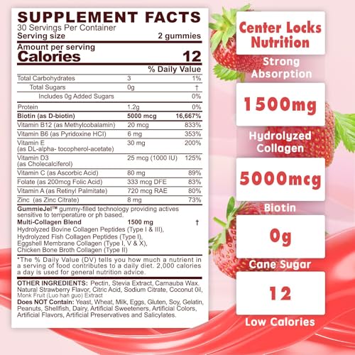 Sugar-Free Hydrolyzed Collagen Peptide Filled Gummies,Extra Strength 1500mg Protein Type I,II,III,V,X with 5000mcg Biotin Vitamin C A E D3 B6 B12 for Immune Digestion Skin Hair Nails Energy Bone Joint