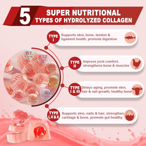 Sugar-Free Hydrolyzed Collagen Peptide Filled Gummies,Extra Strength 1500mg Protein Type I,II,III,V,X with 5000mcg Biotin Vitamin C A E D3 B6 B12 for Immune Digestion Skin Hair Nails Energy Bone Joint