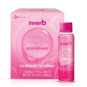 cjwellcare innerb glowshot collagen (10.1fl oz, 6 servings) - low-molecular-weight fish collagen shots for elasticity, hydration, improved skin, hair & nails. liquid marine collagen 3,000mg.