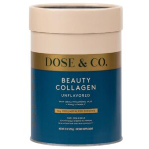 dose & co. beauty collagen with hyaluronic acid and vitamin c for hair, skin & nails, unflavored - 9oz powder supplement