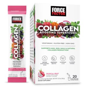 force factor collagen boosting superfoods with biotin, hyaluronic acid, bamboo, and hair, skin, and nails vitamins, nail strengthener and skin supplement, tropical fruit flavor, 20 stick packs