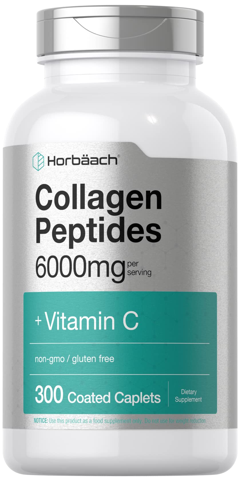 Horbäach Collagen Peptides 6000mg | 300 Caplet Pills | with Vitamin C | Hydrolyzed Collagen Supplement | Non-GMO, Gluten Free