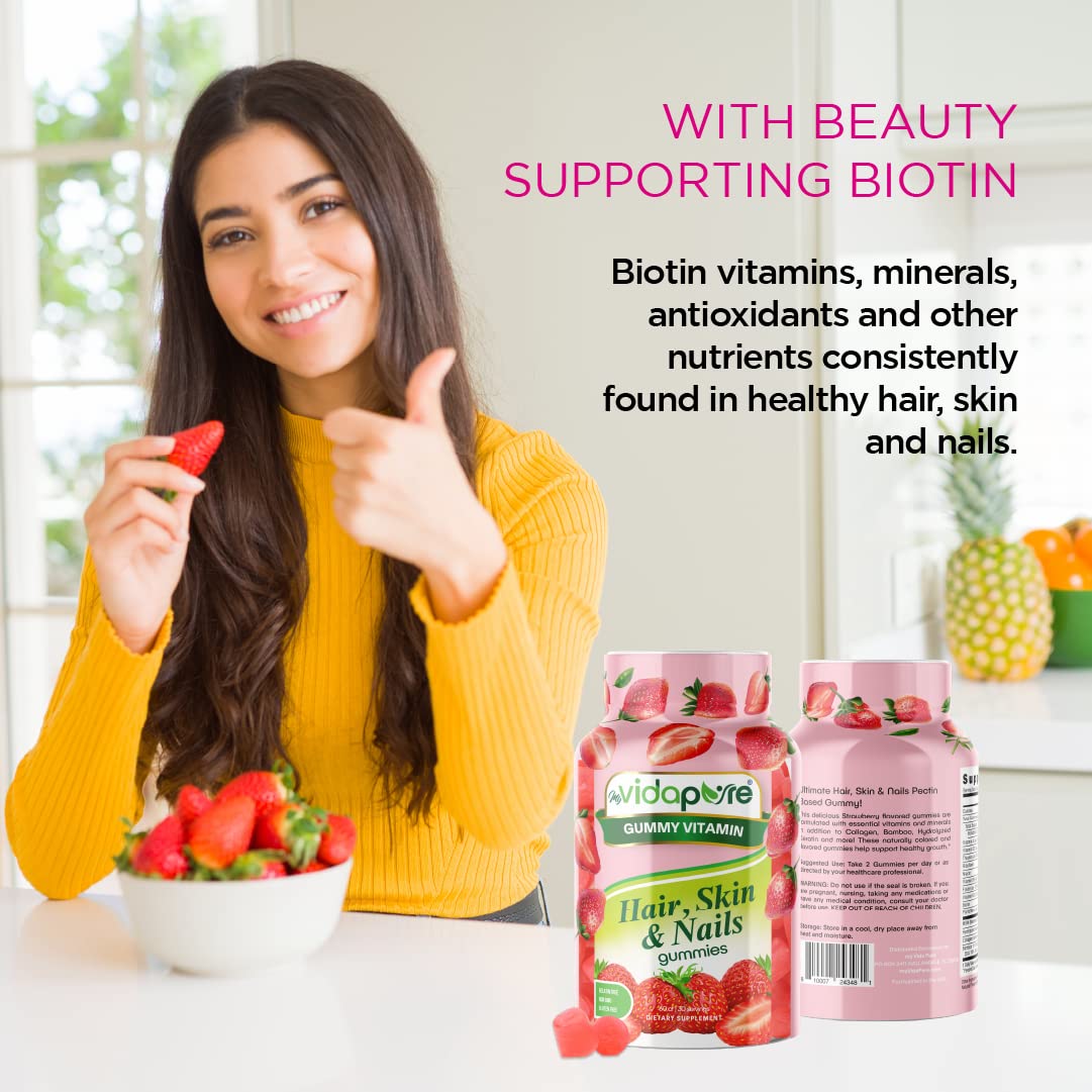 MYVIDAPURE Hair Skin Nails. Biotin, MSM, Vitamin D3, Collagen, Hydrolyzed Keratin, Vitamin A, Riboflavin, Natural Strawberry Flavor, Color Non GMO, Gluten Free (60 gummies)