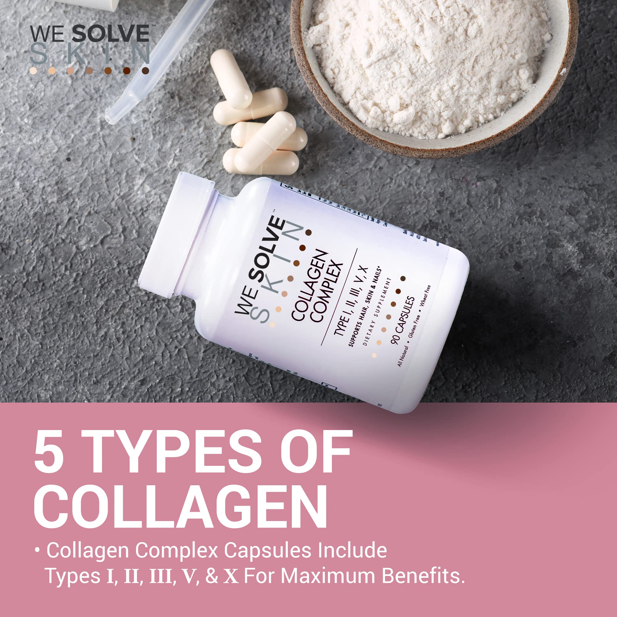 WESOLVESKIN Pure Hydrolyzed Collagen Peptides | Premium Multi Collagen Capsules or Pills for Men & Women | Contains Type I, II, III, V, X | Healthy Hair, Skin, Nails, Bones | Gluten-Free (90 Capsules)