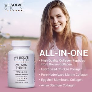 WESOLVESKIN Pure Hydrolyzed Collagen Peptides | Premium Multi Collagen Capsules or Pills for Men & Women | Contains Type I, II, III, V, X | Healthy Hair, Skin, Nails, Bones | Gluten-Free (90 Capsules)