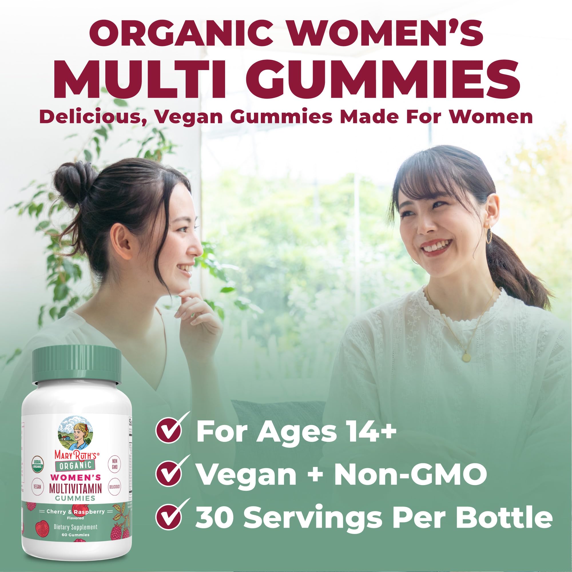 MaryRuth Organics Multivitamin for Women | Womens Multivitamin Gummy | Vegan | USDA Organic | Immune Support Gummy Vitamins | Hair and Skin Vitamins for Women | Vitamin D3 | Selenium | 60 Count