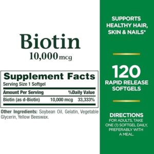 Nature's Bounty Biotin 10000 mcg, Supports Healthy Hair, Skin and Nails- Rapid Release Softgels- 120 Ct.,