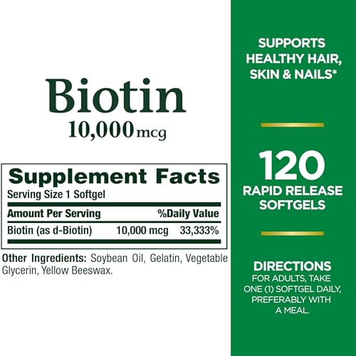 Nature's Bounty Biotin 10000 mcg, Supports Healthy Hair, Skin and Nails- Rapid Release Softgels- 120 Ct.,