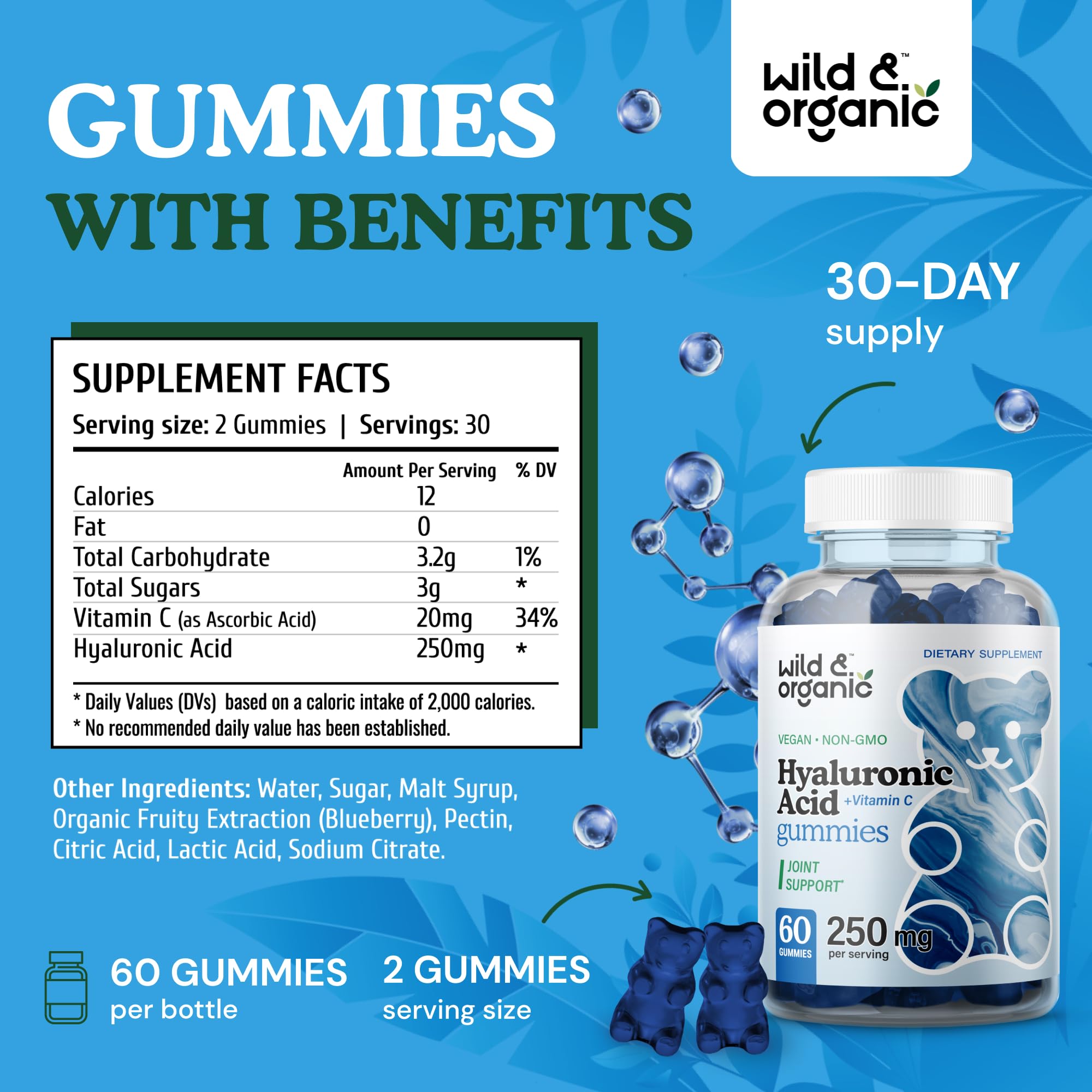 Hyaluronic Acid Gummies 250mg - Pure Hyaluronic Acid Supplements for Joints - Hair Skin and Nails Gummies w/Hyaluronic Acid Powder - Skin Supplement w/Vitamin C Hyaluronic Acid - 60 Vegan Chews