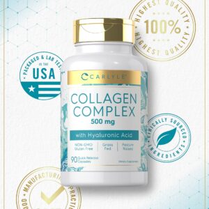 Carlyle Collagen Pills with Hyaluronic Acid 500mg | 90 Capsules | Hydrolyzed Collagen Supplement | Non-GMO, Gluten Free