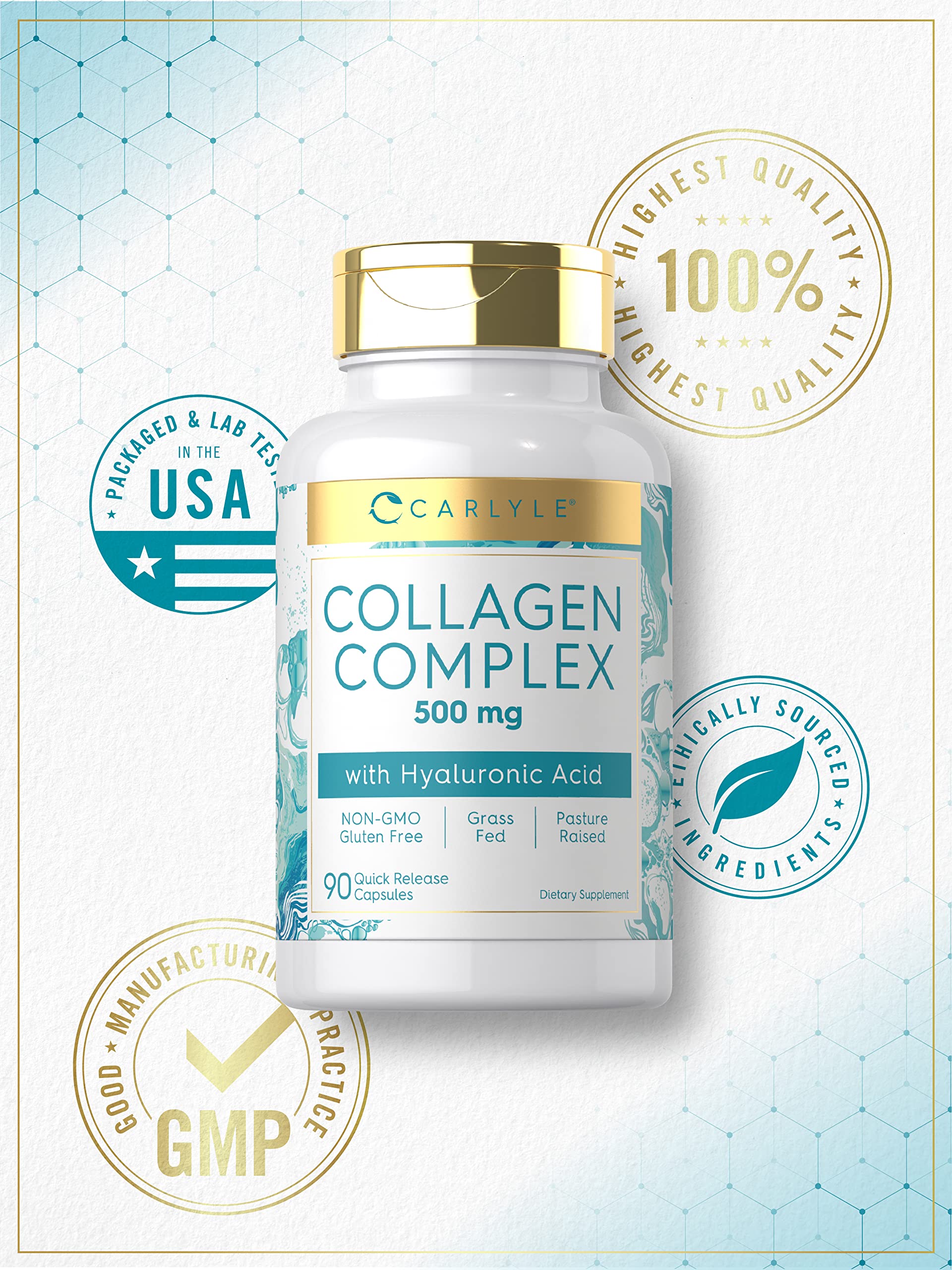 Carlyle Collagen Pills with Hyaluronic Acid 500mg | 90 Capsules | Hydrolyzed Collagen Supplement | Non-GMO, Gluten Free