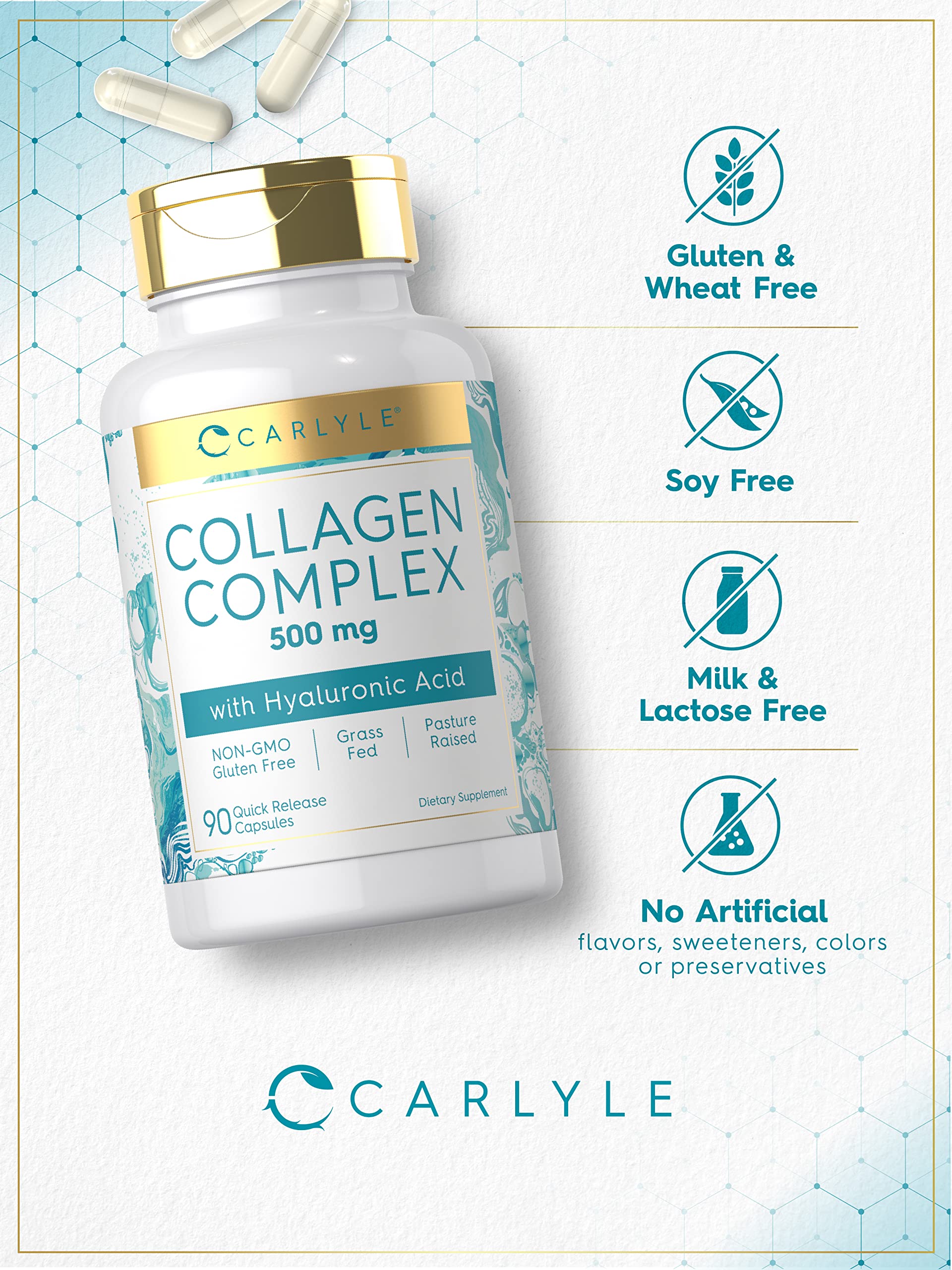 Carlyle Collagen Pills with Hyaluronic Acid 500mg | 90 Capsules | Hydrolyzed Collagen Supplement | Non-GMO, Gluten Free