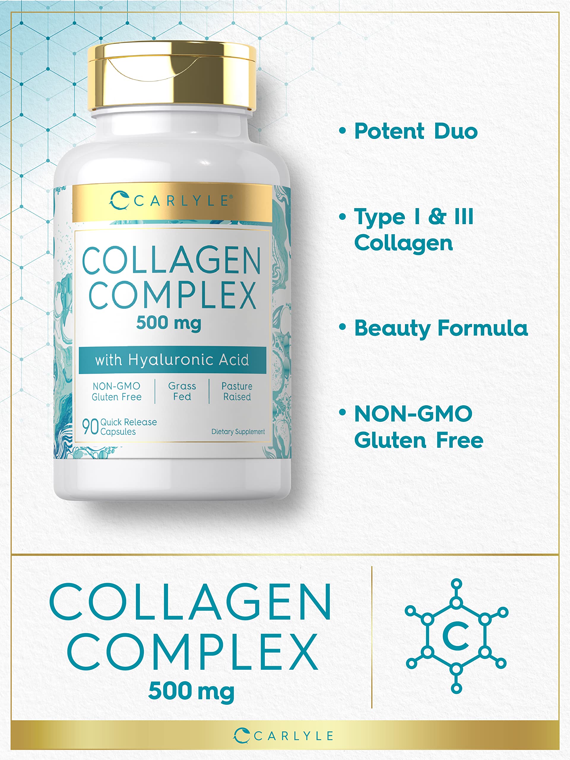 Carlyle Collagen Pills with Hyaluronic Acid 500mg | 90 Capsules | Hydrolyzed Collagen Supplement | Non-GMO, Gluten Free