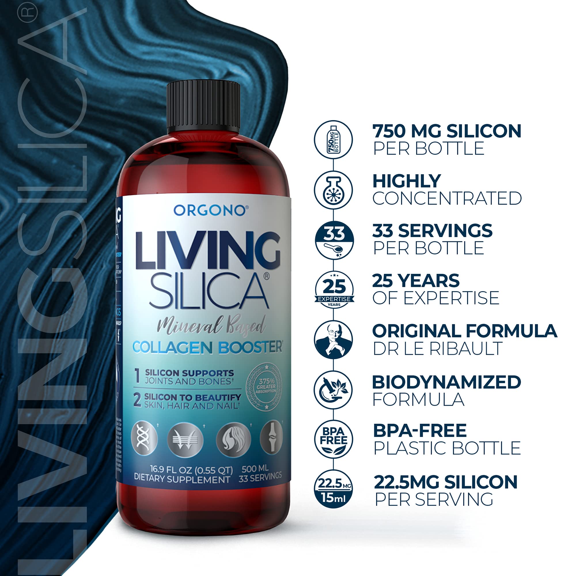 Living Silica Collagen Booster Liquid | Vegan Collagen Boosting Drink | Supports Healthy Collagen and Elastin Production for Joint & Bone Support, Glowing Skin, Strong Hair & Nails. 16.9 oz