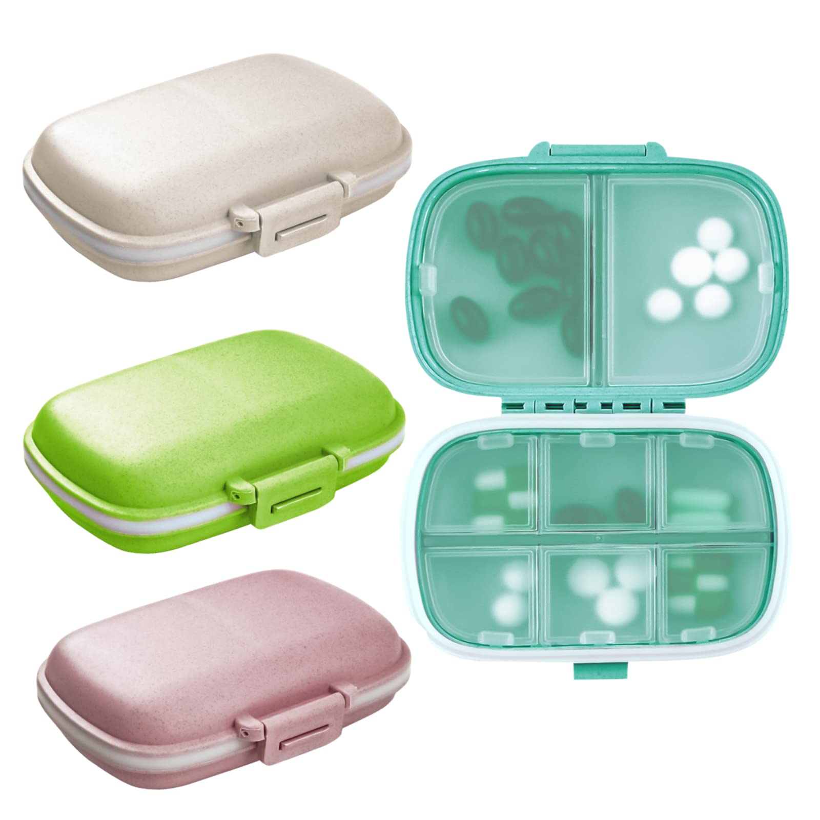 4PCS Travel Pill Organizer, 8 Compartments Portable Pill Case, Small Pill Box for Pocket Purse Portable Medicine Vitamin Container (Green+Blue+Pink+Beige)