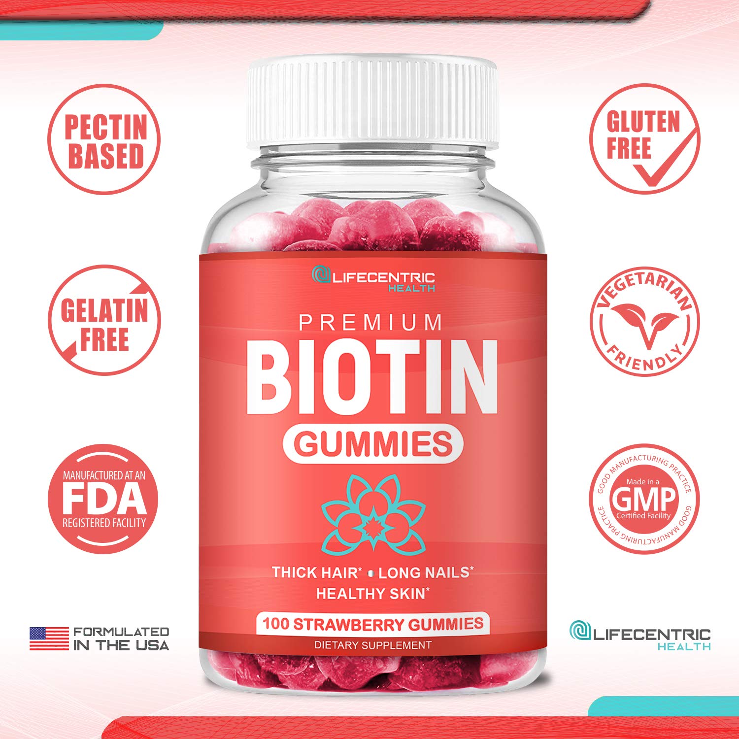 Biotin Gummies for Hair Growth | Max Strength Biotin 10000mcg Prevents Thinning and Loss | Chewable Biotin Supplement For Women Men and Kids | 100 Count Vegan Hair Gummies for Hair Skin and Nails