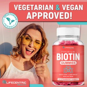 Biotin Gummies for Hair Growth | Max Strength Biotin 10000mcg Prevents Thinning and Loss | Chewable Biotin Supplement For Women Men and Kids | 100 Count Vegan Hair Gummies for Hair Skin and Nails