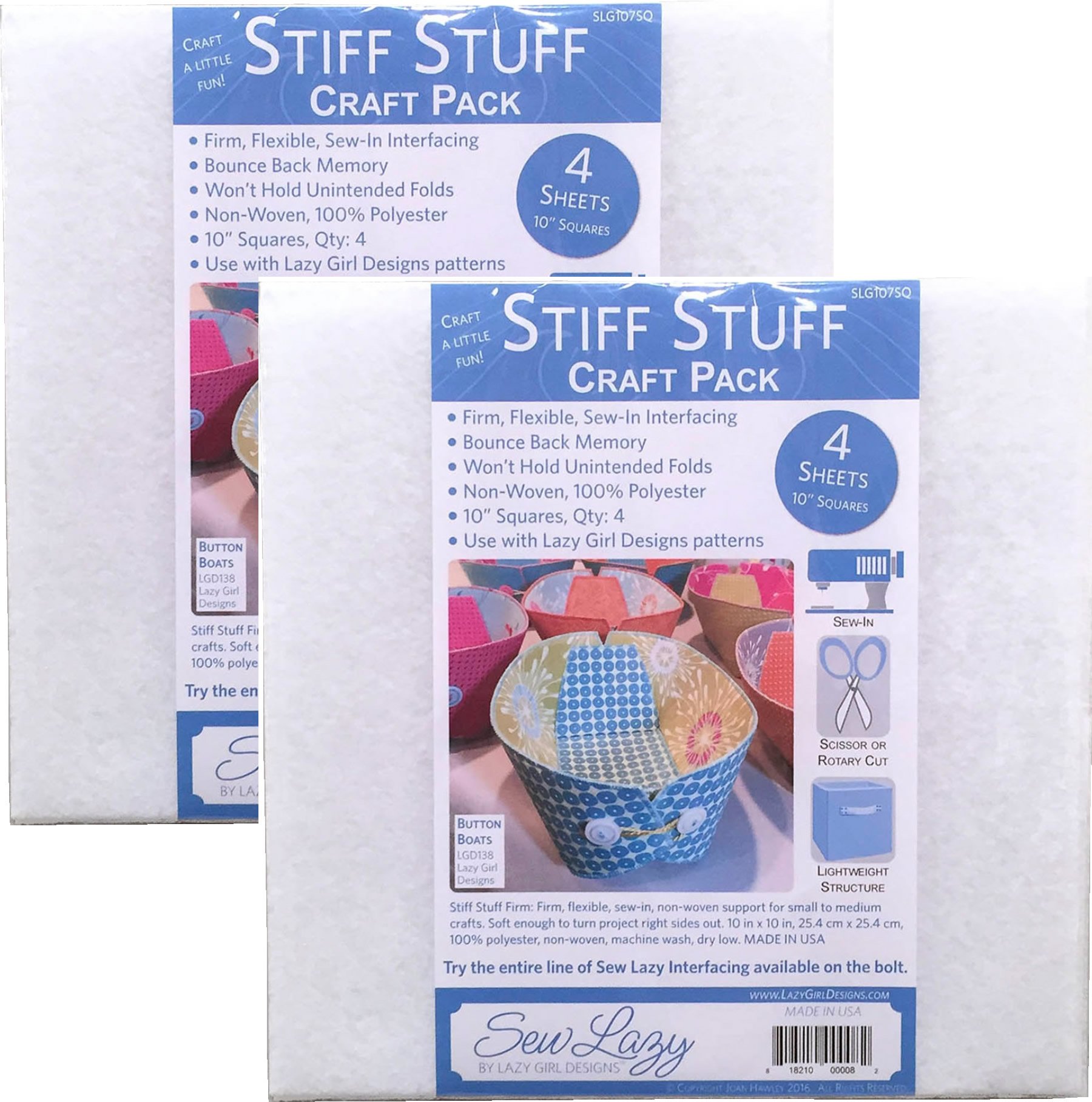 Sew Lazy Stiff Stuff Firm Interfacing Craft Pack of (4) 10 inch by 10 inch Squares, Bundle oTwo (2) Packages