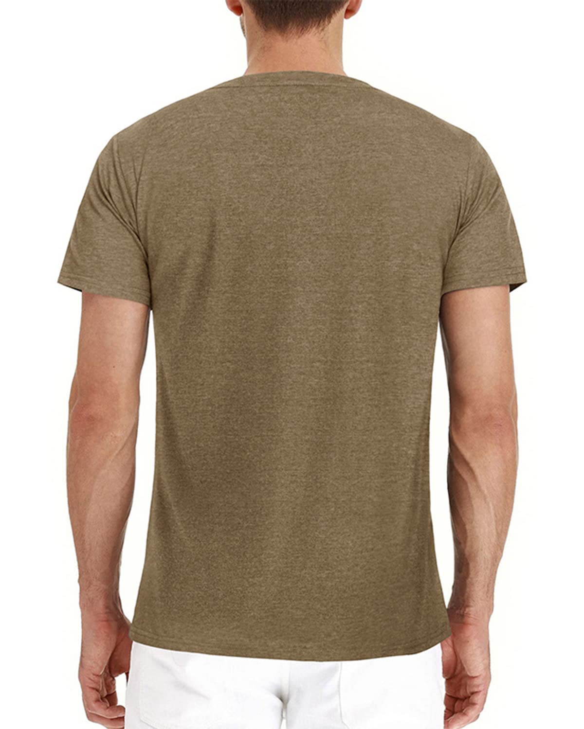 Fashion Men's Henley Shirts Classic Short Sleeve Basic Button Cotton T-Shirt with Pocket Khaki