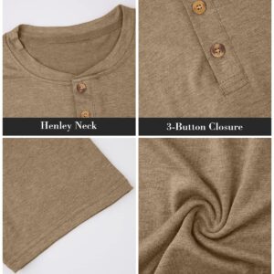 Fashion Men's Henley Shirts Classic Short Sleeve Basic Button Cotton T-Shirt with Pocket Khaki