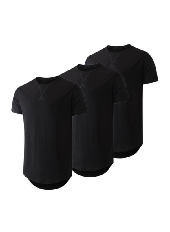 JMIERR Men's 3 Pack Cotton Hipster Hip Hop Longline Crewneck T-Shirt, Short Sleeve Gym Workout Athletic T Shirts for men Pack,M, Black/Black/Black