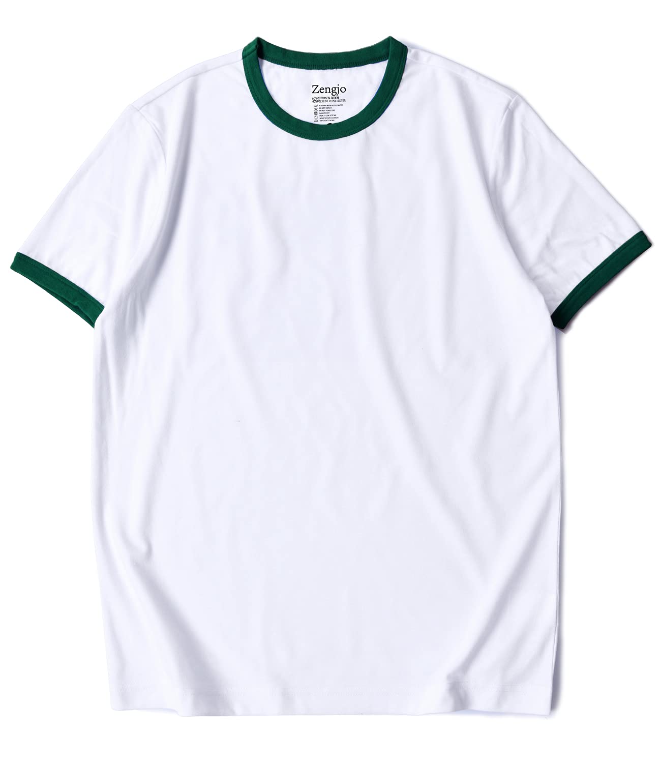 Zengjo Men's Ringer Tee Crewneck Athletic T Shirts Short Sleeve Sport Shirt for Men(White/Pine Green,S)