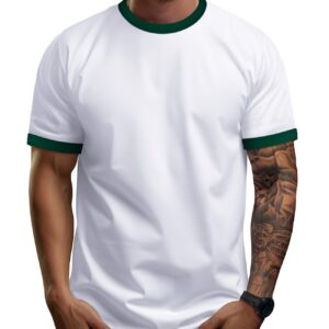 Zengjo Men's Ringer Tee Crewneck Athletic T Shirts Short Sleeve Sport Shirt for Men(White/Pine Green,S)