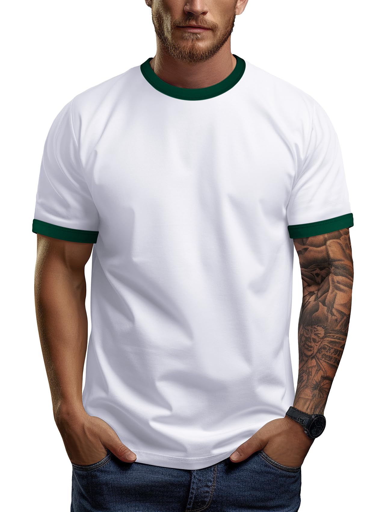 Zengjo Men's Ringer Tee Crewneck Athletic T Shirts Short Sleeve Sport Shirt for Men(White/Pine Green,S)