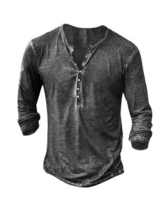 mens distressed henley shirts vintage long sleeve tee shirts casual button down washed t-shirts for men grey