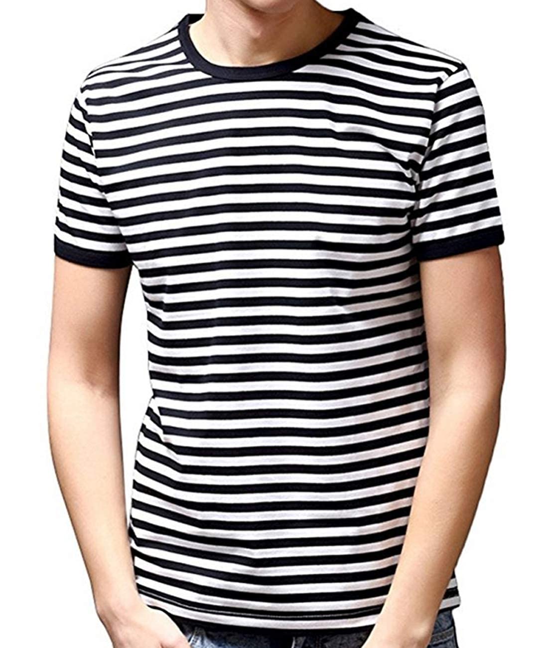 Ezsskj Men's Youth Short Sleeve Crew Neck Striped T Shirt Tee Outfits Tops Medium Black