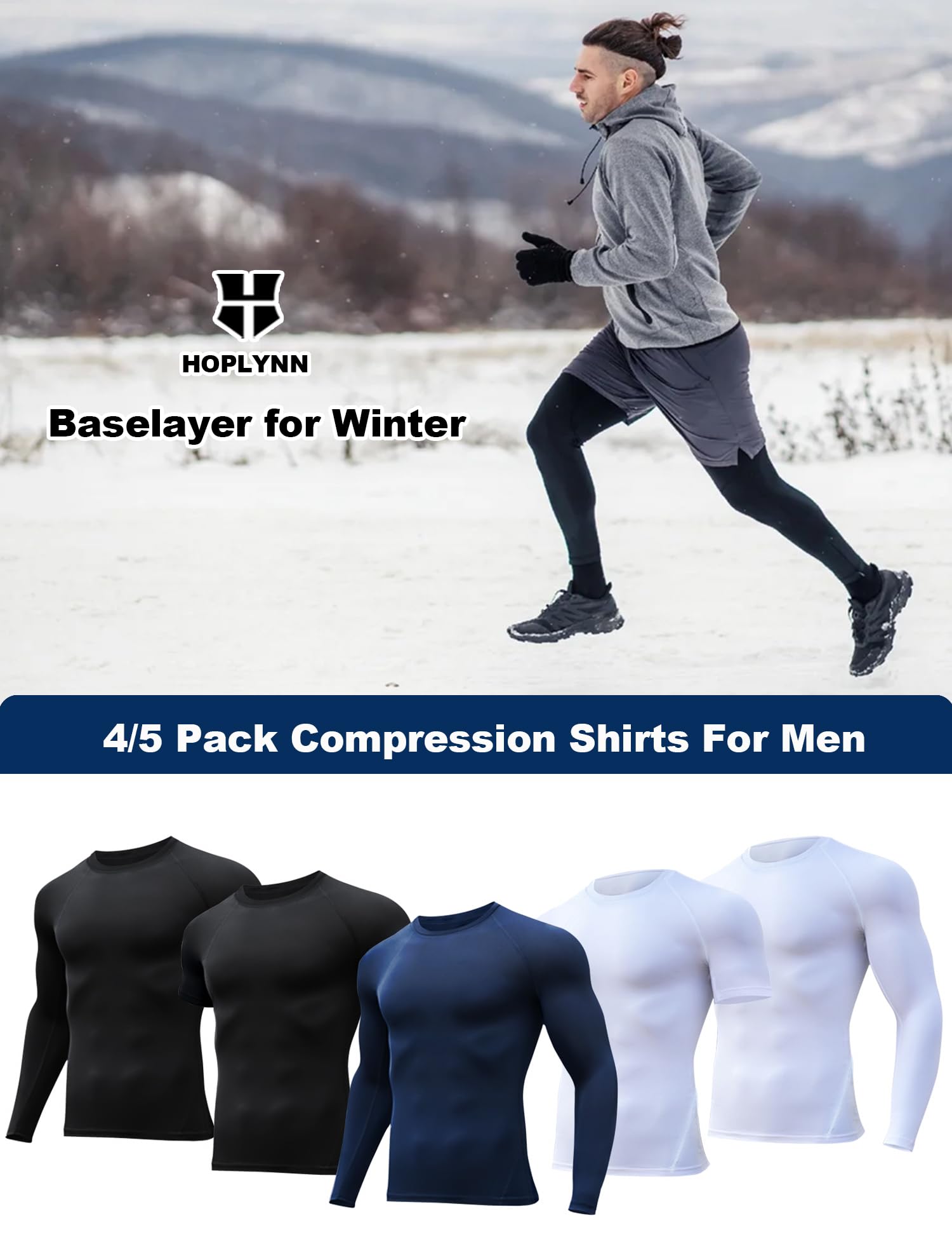 HOPLYNN 5 Pack Workout Compression Shirts Men Long/Short Sleeve Rash Guard Athletic Undershirt Gear T Shirt for Sports 2 Black 2 White 1 Blue M