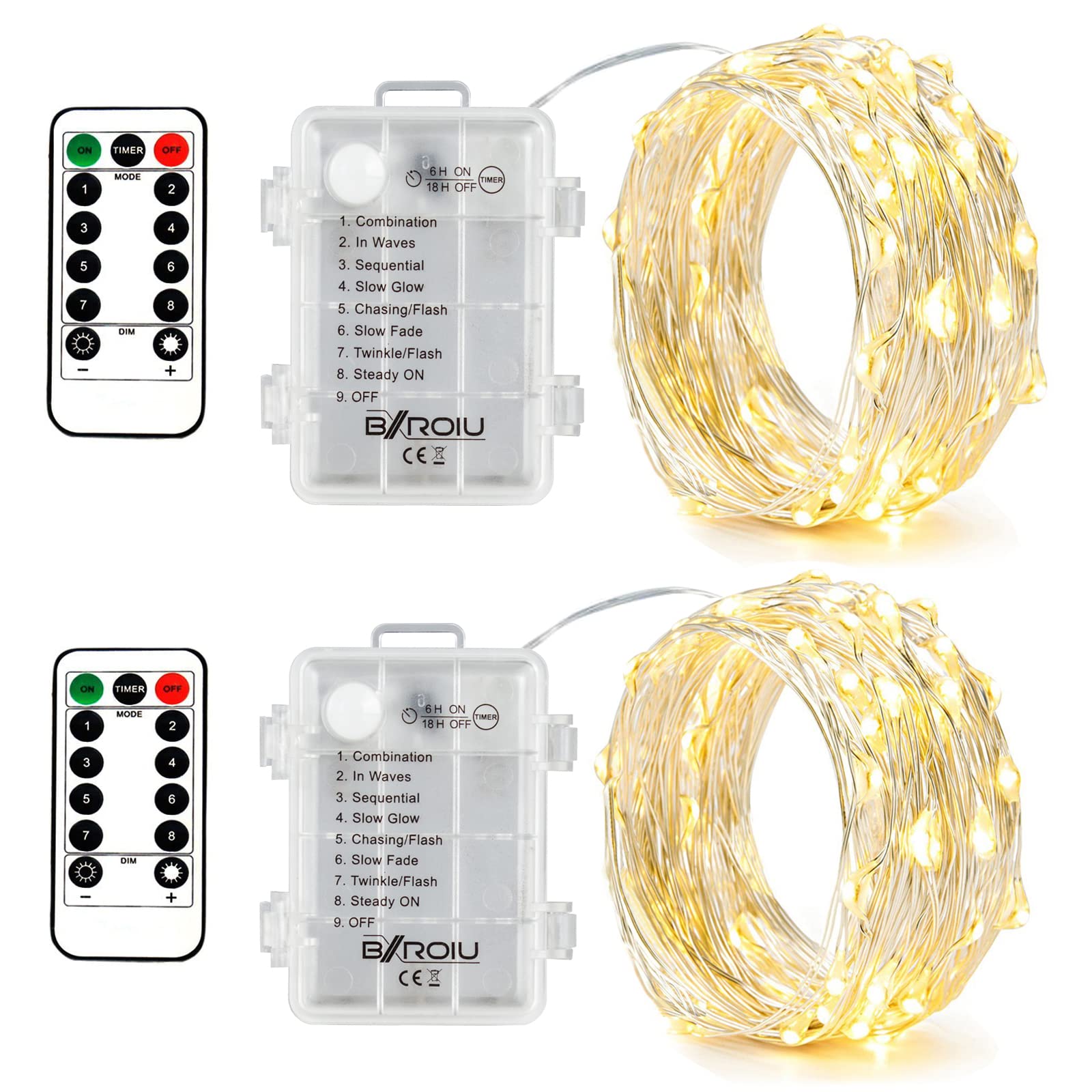 2 x Fairy Lights Battery Operated,Silver Wire Chains 8 Mode 16Ft/5Meter 50 LEDs Timer String Lights with Remote Control for Bedroom Christmas Party Wedding Decoration(warm white)