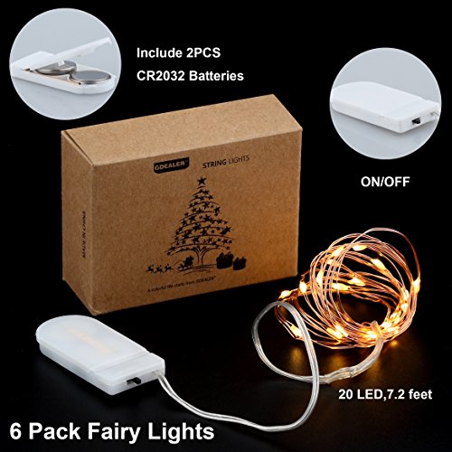 GDEALER 6 Pack Fairy String Lights 7.2ft 20 Led Starry String Lights Battery Powered Christmas Lights Silver Copper Wire Lights Firefly Lights for DIY Christmas Decorations Lights Warm White