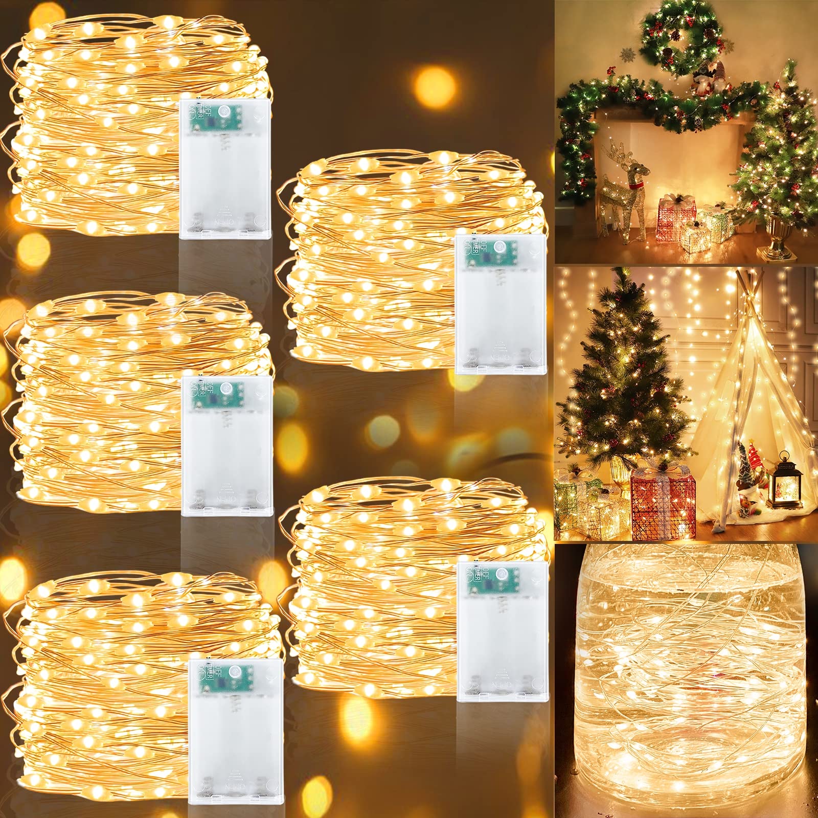 TURNMEON [ 5 Pack & Timer ] 500 LED 165 Ft Fairy Lights Decorations Copper Wire String Lights Battery Powered Christmas Tree Lights for Bedroom Wedding Indoor Outdoor Home Decor, 100 LED 33 Ft Each