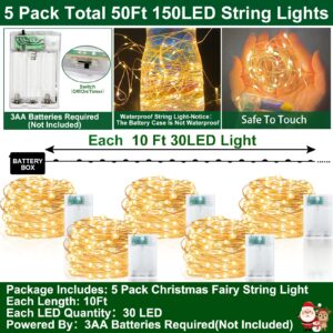 TURNMEON [ 5 Pack & Timer ] 500 LED 165 Ft Fairy Lights Decorations Copper Wire String Lights Battery Powered Christmas Tree Lights for Bedroom Wedding Indoor Outdoor Home Decor, 100 LED 33 Ft Each