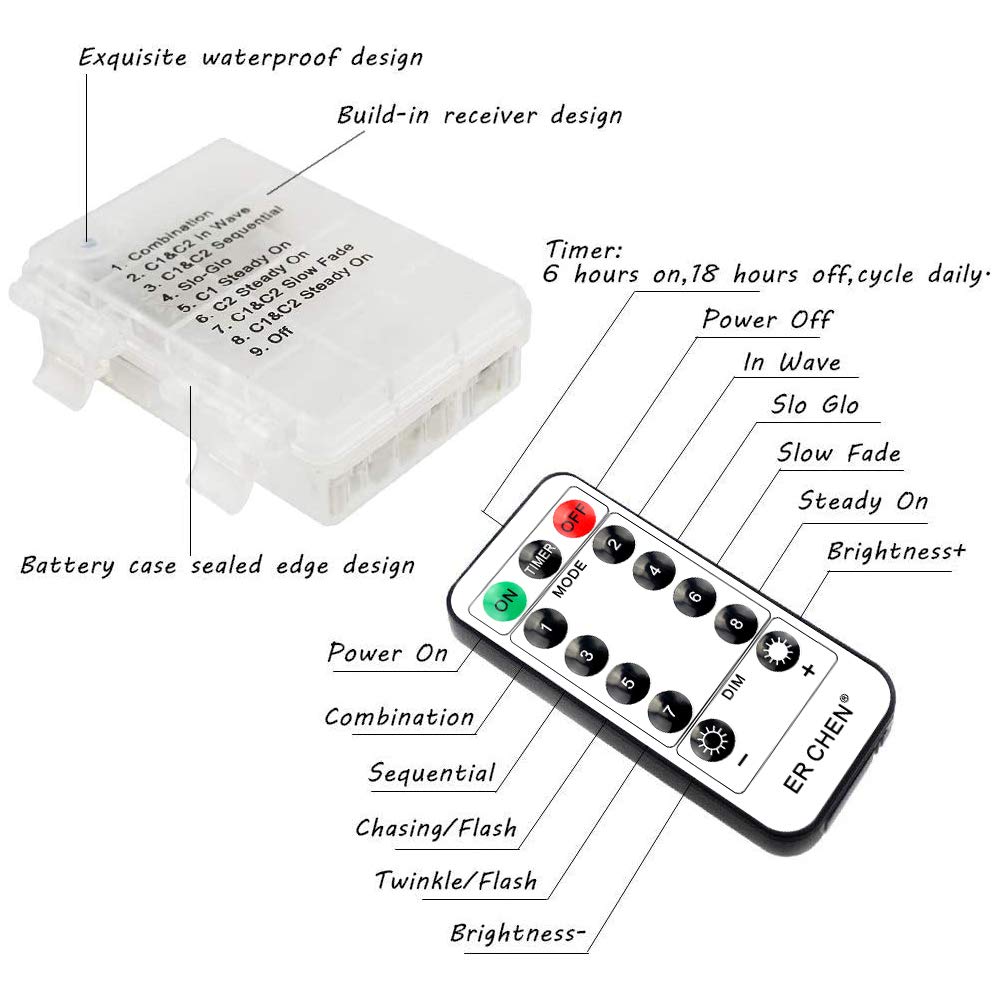ErChen Battery Operated Silver Copper Wire Led String Lights, 33FT 100 Leds 8 Modes dimmable Waterproof Fairy Lights with Remote Control Timer for Indoor Outdoor Wedding Bedroom (Red)