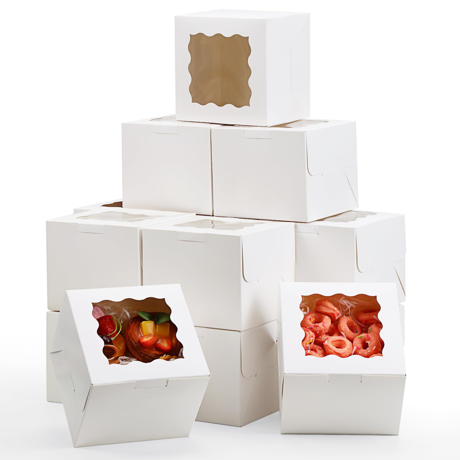 Moretoes 15pcs Bakery Boxes, 6x6x5in Small Cake Boxes Cookie Boxes with Window, White Cupcake Boxes Treat Boxes for Dessert Pastries