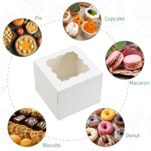 Moretoes 15pcs Bakery Boxes, 6x6x5in Small Cake Boxes Cookie Boxes with Window, White Cupcake Boxes Treat Boxes for Dessert Pastries