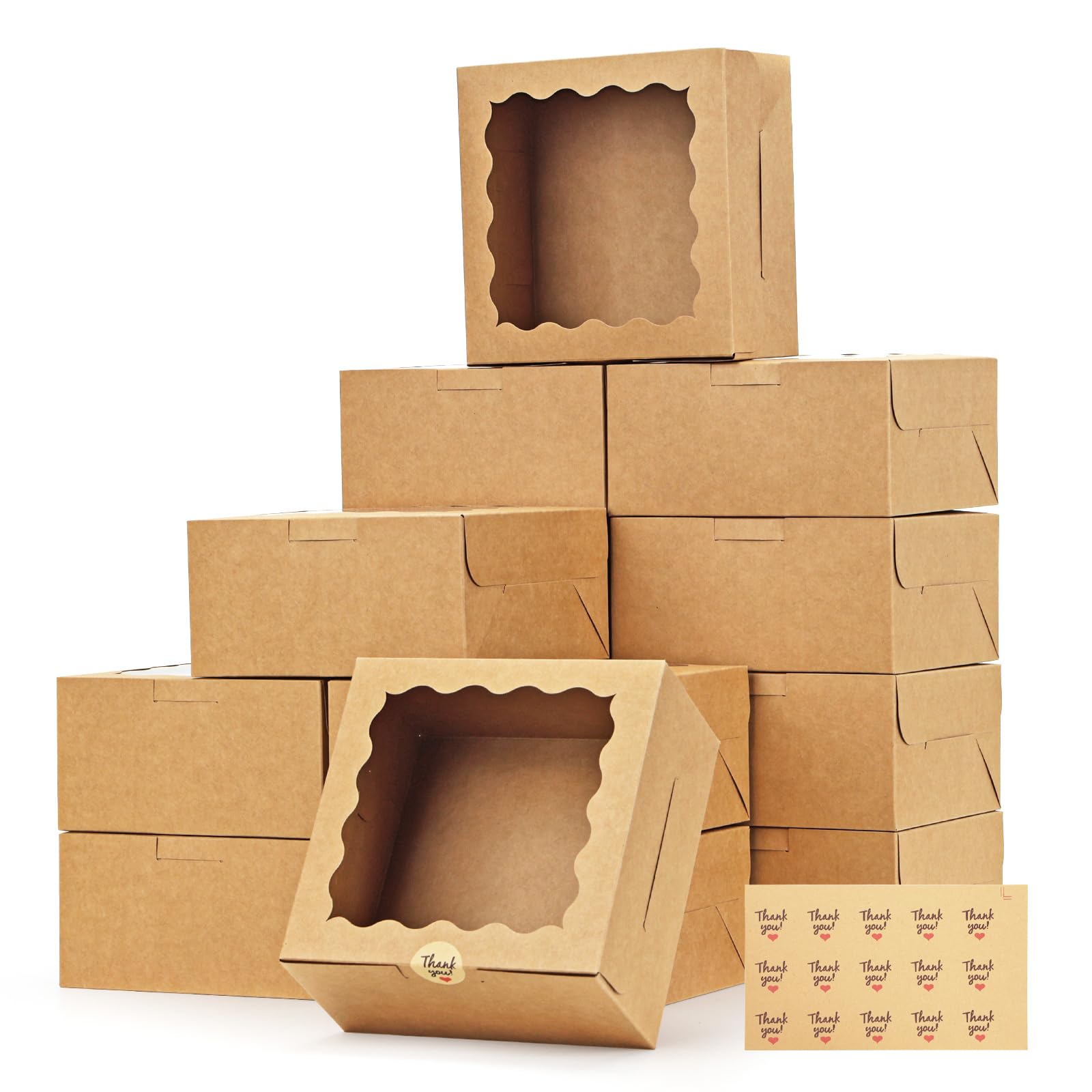 Moretoes 15pcs 6x6x3in Cookie Boxes with Window, Bakery Boxes Kraft Paper Treat Boxes Small Cake Box for Dessert Pastry Pie Donuts, Brown