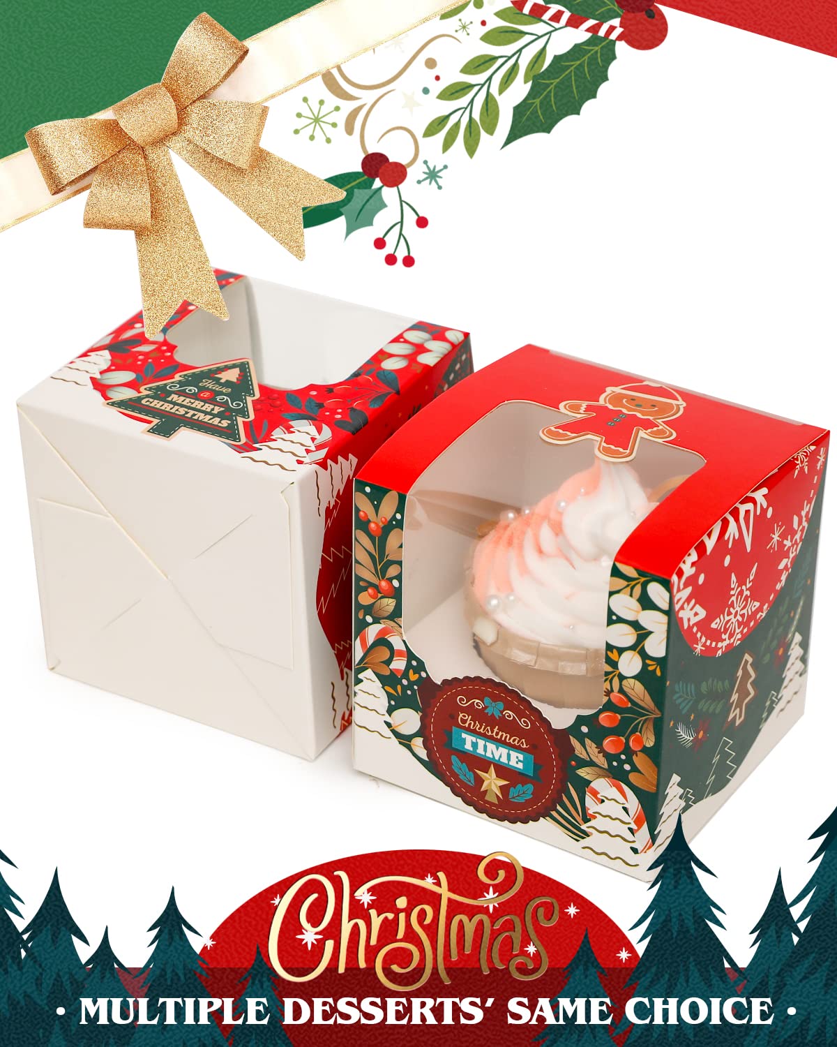 qiqee Christmas 100pcs Auto-Pop Up Mini Cupcake Boxes Individual 2.5" x 2.5" x 2.5" Single Cupcake Carrier Container for Christmas（Mini Size）