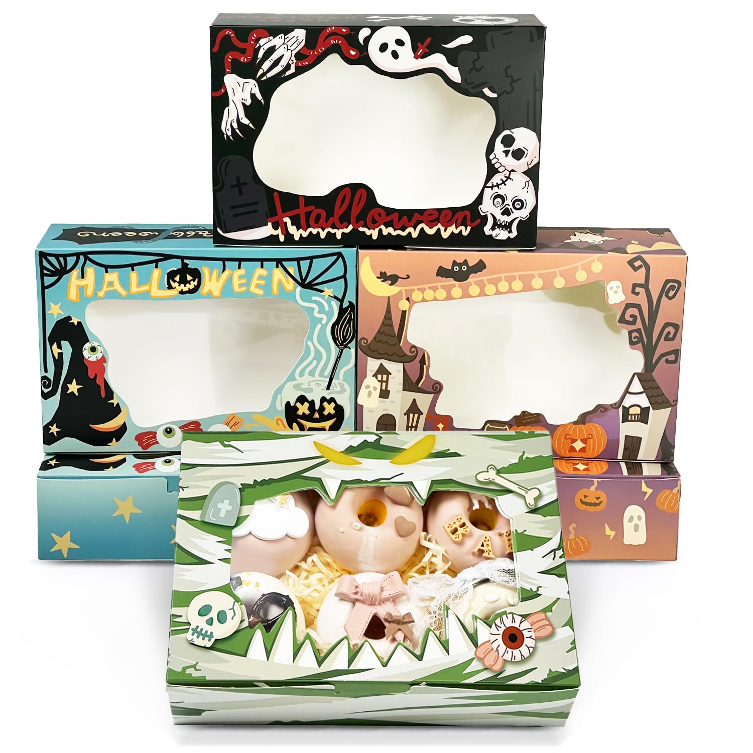 Halloween Bakery Boxes with Window 9x6x2.5 inches Pastry Boxes Mini Cookie Boxes for Festival Bakerys Thick & Sturdy （24 Packs）