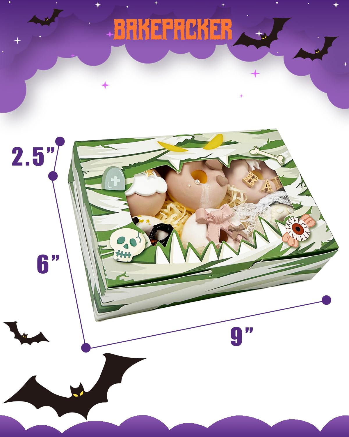 Halloween Bakery Boxes with Window 9x6x2.5 inches Pastry Boxes Mini Cookie Boxes for Festival Bakerys Thick & Sturdy （24 Packs）